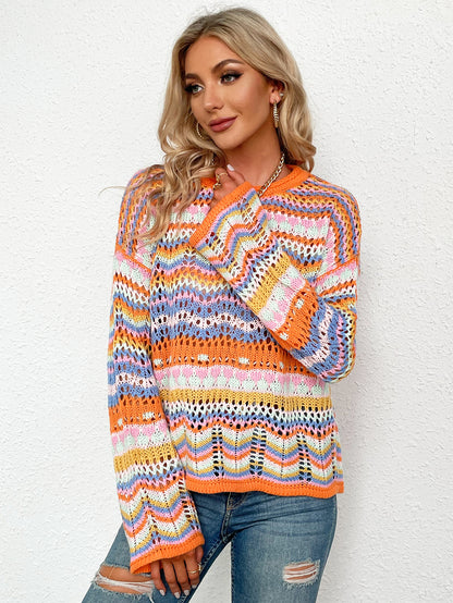 Mid-Color Crew Neck Striped Sweater