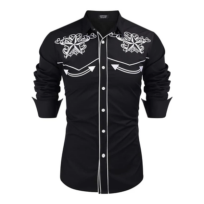 Men's Long Sleeve Embroideres Western Shirts-Black