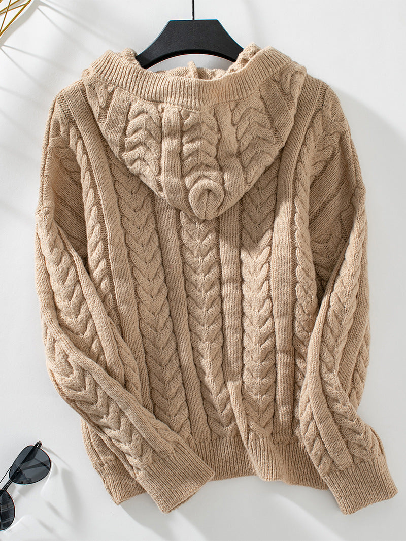 Chloe Cable-Knit Button-Up Hoodie Sweater