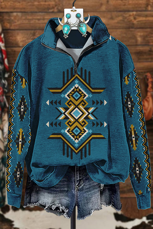 Retro Western Aztec Printed Zipper Sweatshirt