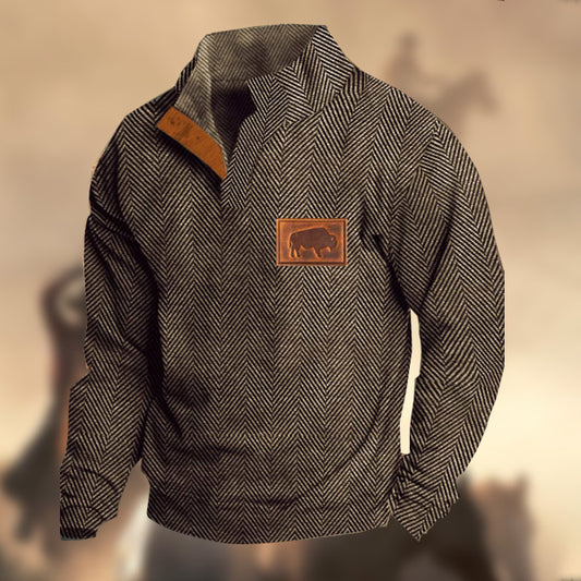 Men's Vintage Cashmere Western Hunter Cow Herringbone Outdoor Henley Sweatshirt