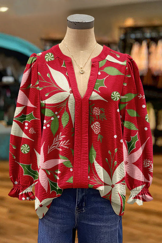 Sweet Christmas Flowers Print Puff Sleeve Blouse