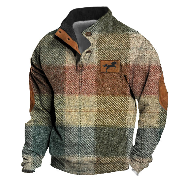 Men's Vintage Country Western Horse Pink Green Wool Plaid Print Stand Collar Sweatshirt