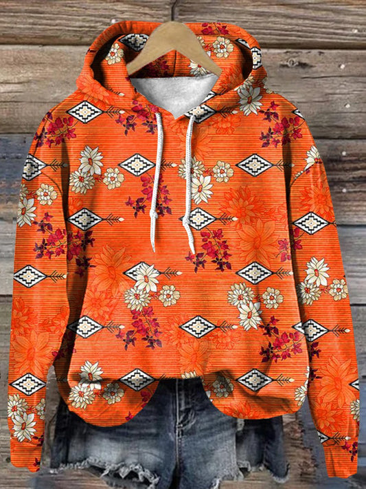 Vintage Orange Floral Rhombus Art Print Casual Hoodie Sweatshirt