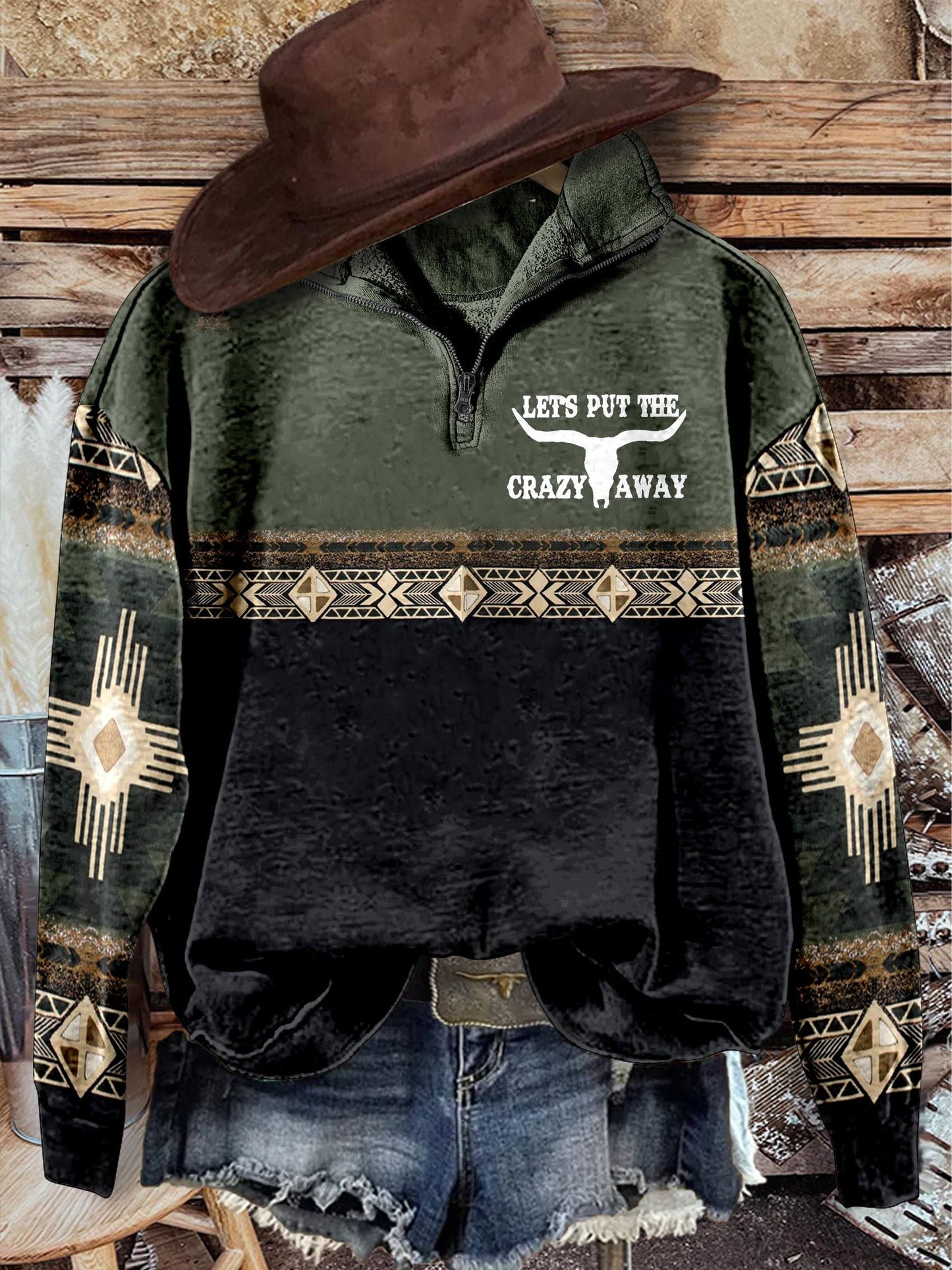 LETS PUT THE CRAZY AWAY ,Aztac Print Casual Long Sleeve Zip Sweatshirt