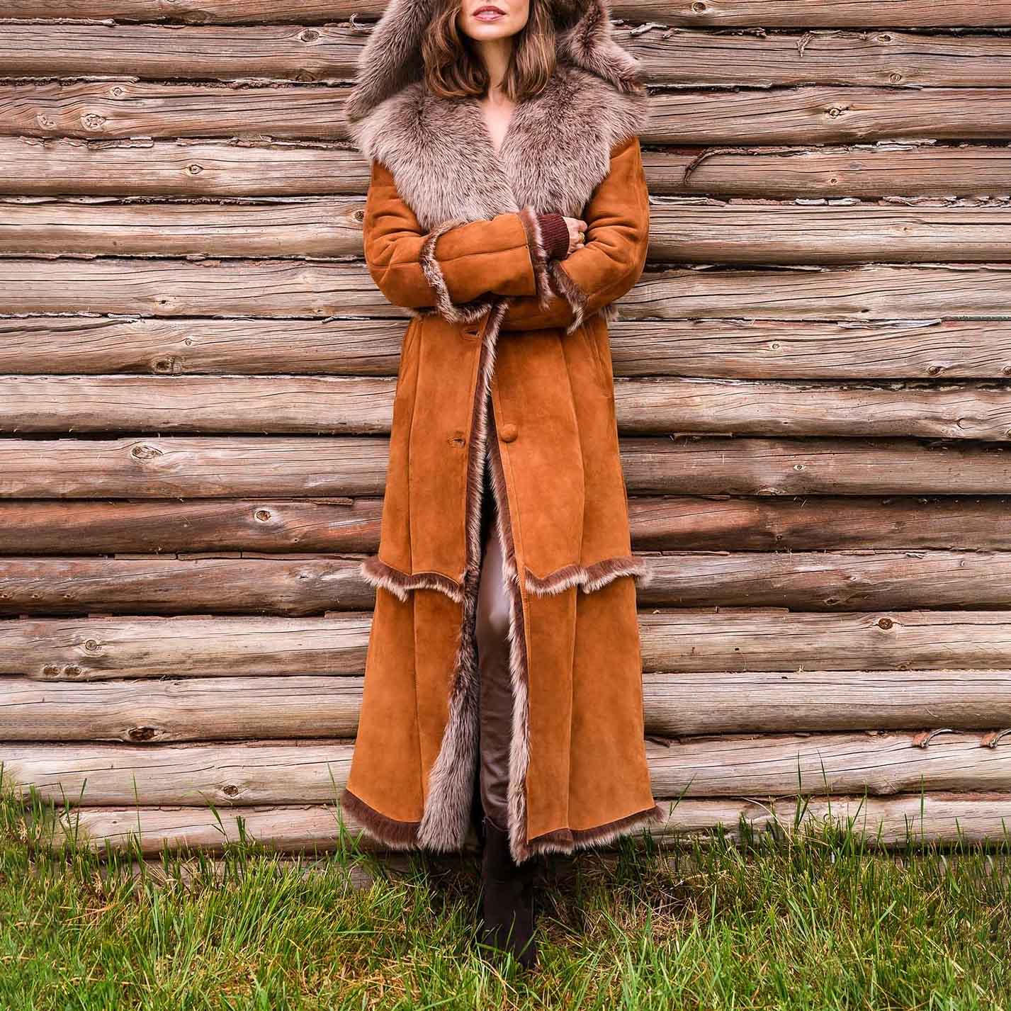 Women's Vintage Suede Fleece Fur Long Shearling Hooded Jacket Afghan Coat