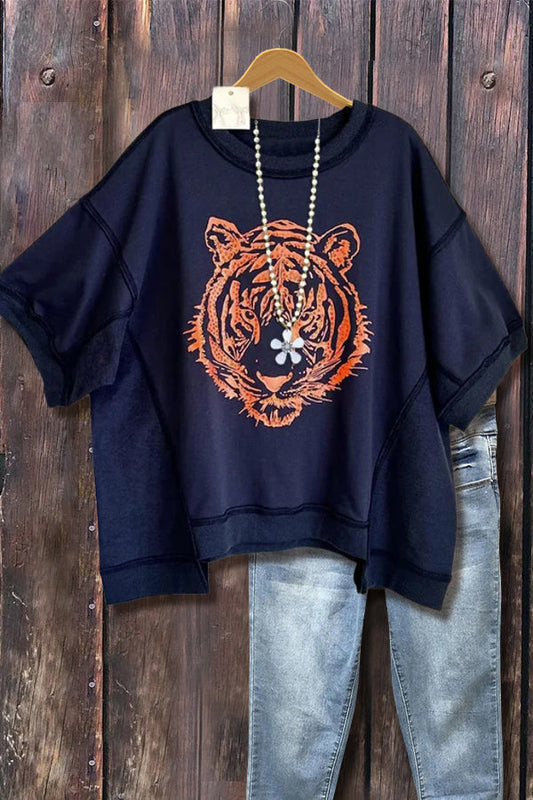 Tiger Head Print Short Sleeve Top