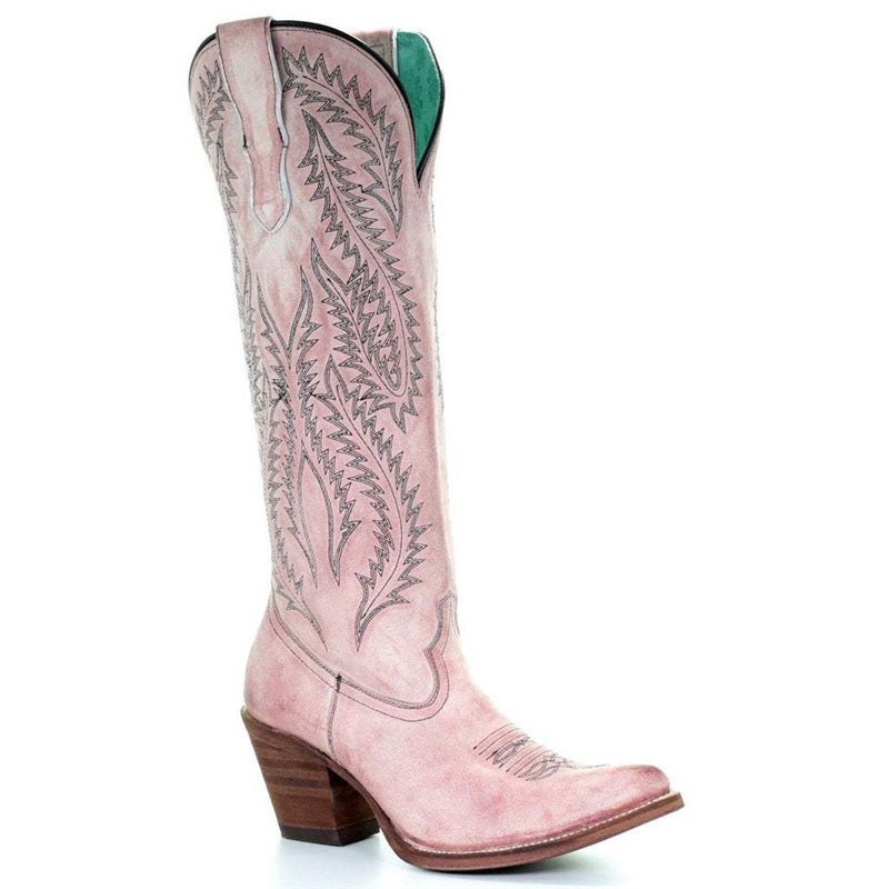 Women's Vintage Embroidered Pointed Toe Chunky Heel Western Boots