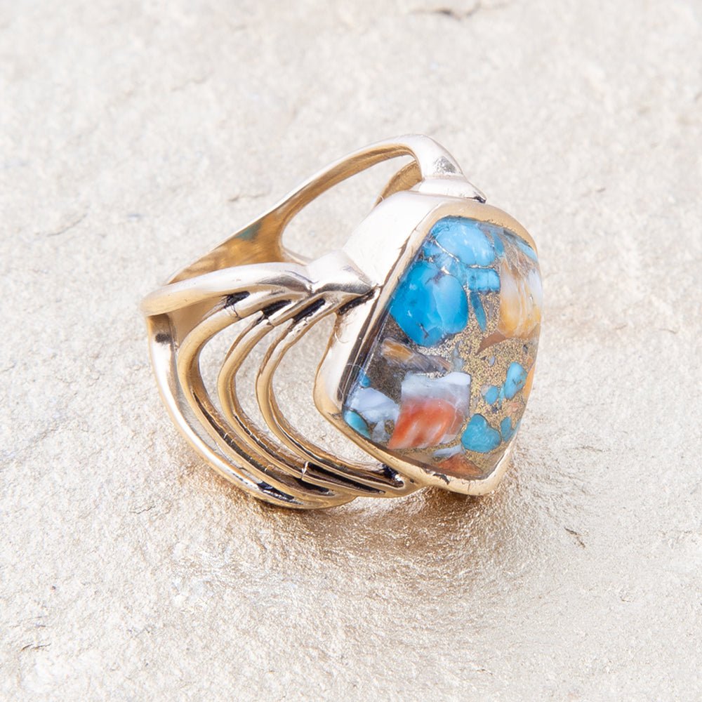 Arrows Turquoise and Spiny Oyster Matrix Bronze Ring