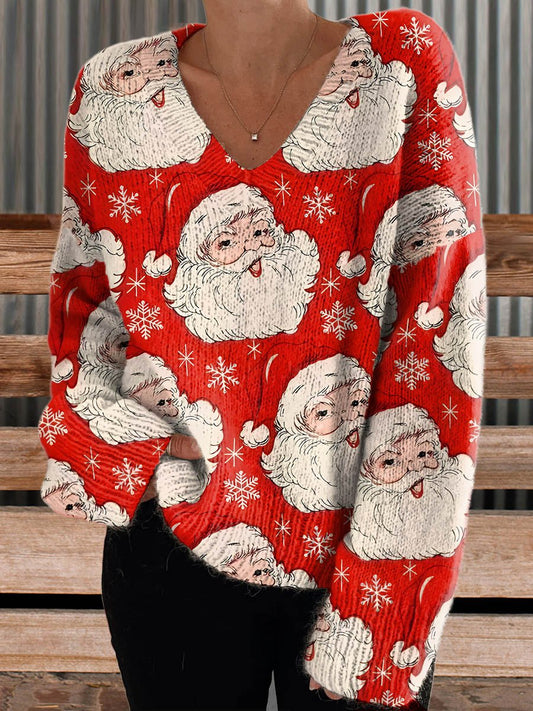 Women's Vintage Christmas Santa Casual V-neck Pullover Knit