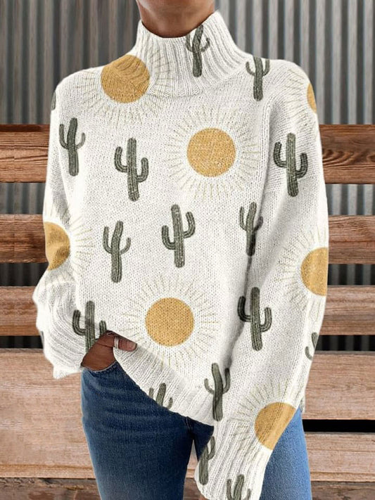 Sun Cactus Print Knit Turtleneck Pullover Sweater