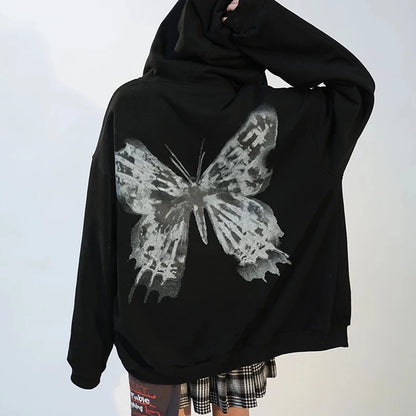 Autumn And Winter Women's Plus Velvet Cardigan Hooded Sweatshirt European And American New Street Letter Butterfly Print