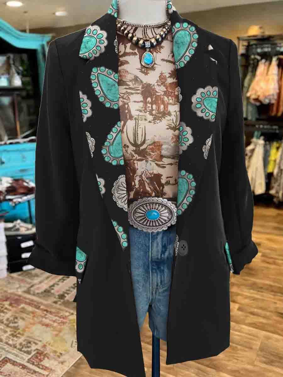 Women's Western Turquoise Print Casual Blazer