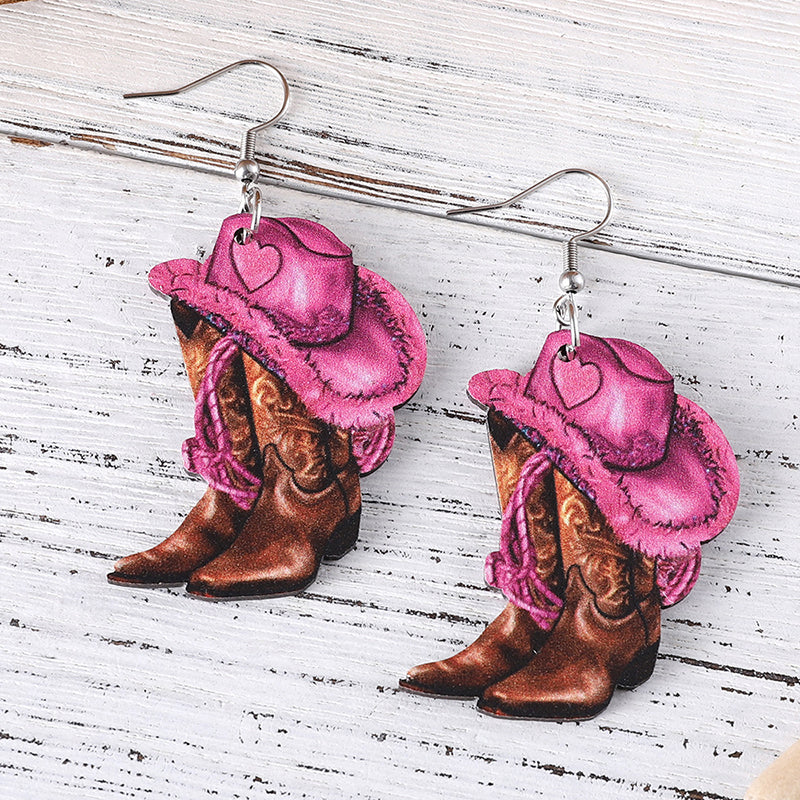 Western Pink Cowboy Hat Boots Earrings