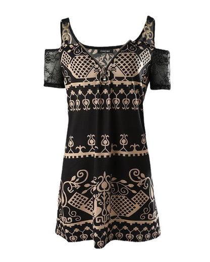 Tribal Print V Neck Cold Shoulder Dress