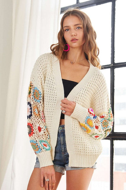 ADORA Plus Size Contrast Crochet Open Front Long Sleeve Cardigan