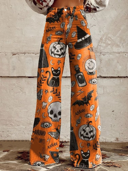 Women's Vintage Halloween Pumpkin and Cat Art Print Casual Wide Leg Pants