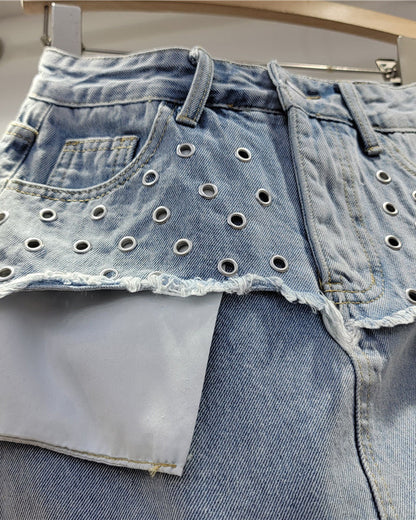 Retro Spliced Fake Two-Piece Denim Skirt