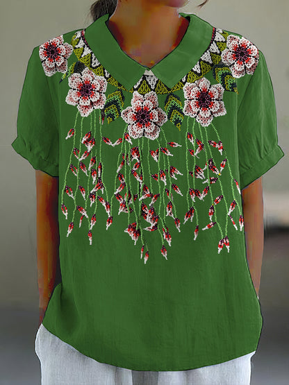 Vintage Beaded Floral Print Women's Shirt