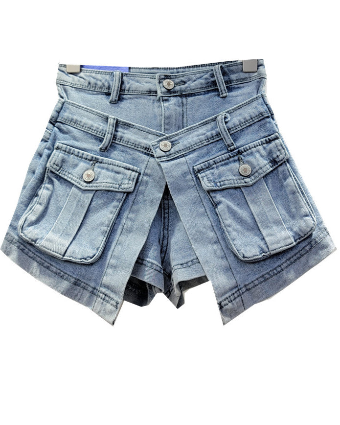 Slim High Waist Washed Fake Two Piece Wide Leg Denim Shorts