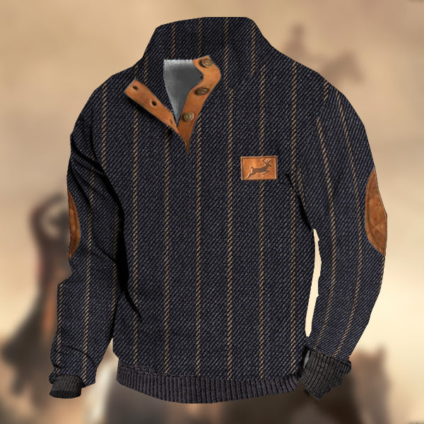 Men's Retro Country Casual Twill Wool Elk Logo Stand Collar Button Sweatshirt