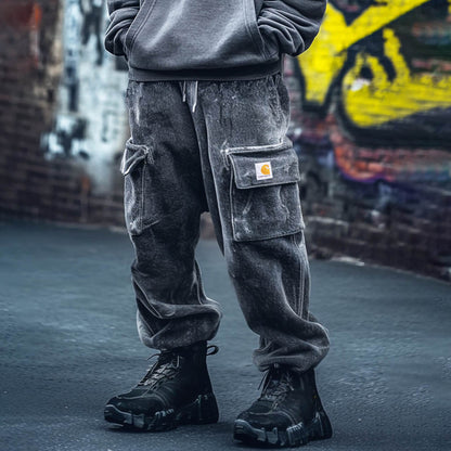 Men's Vintage Distressed Multi-Pocket Drawstring Loose Cargo Sweatpants