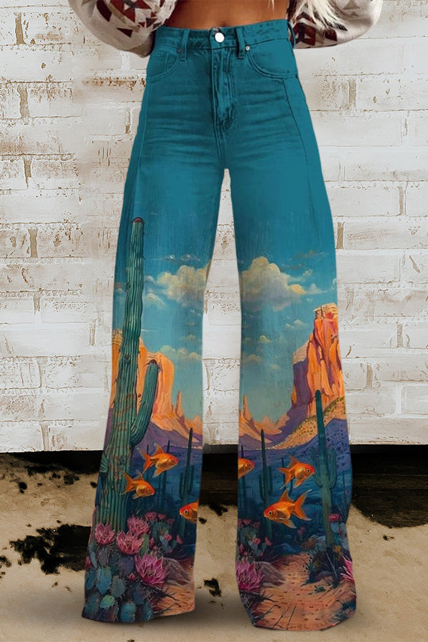 Women's Cactus Print Casual Wide Leg Pants