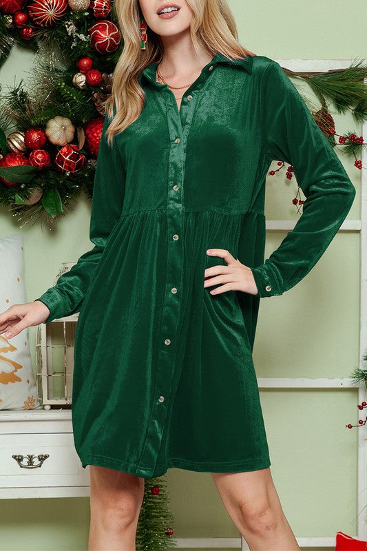 Button down Velvet long sleeve dress Red or Green