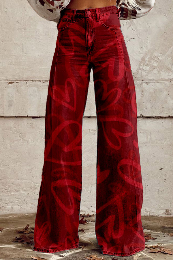 Valentine's Day Red Heart Wide Leg Pants