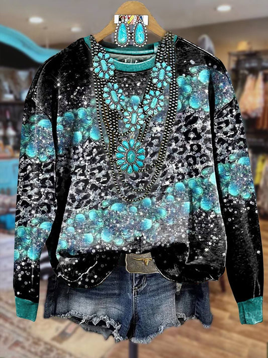 Green Glam Leopard Print Casual Sweatshirt