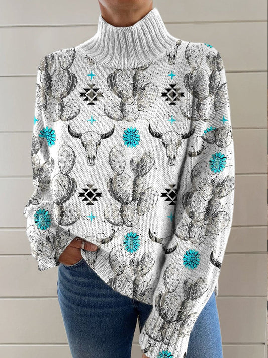 Aztec Cactus Printing Knit Turtleneck Pullover Sweater