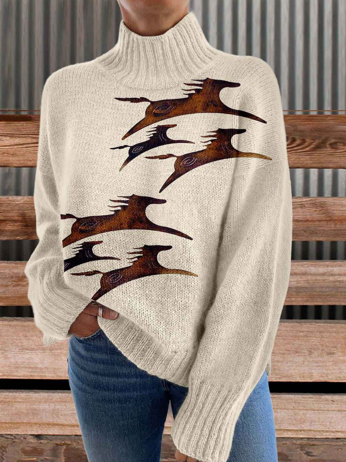 Horse Art Print Knit Turtleneck Pullover Sweater