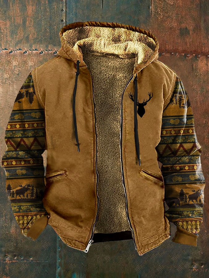 Retro Casual Forest Elk Print Velvet Men's Jacket