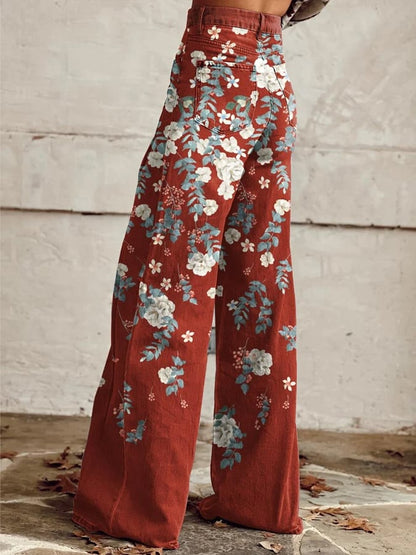 Women's Vintage Botanical Floral Wide Leg Pants