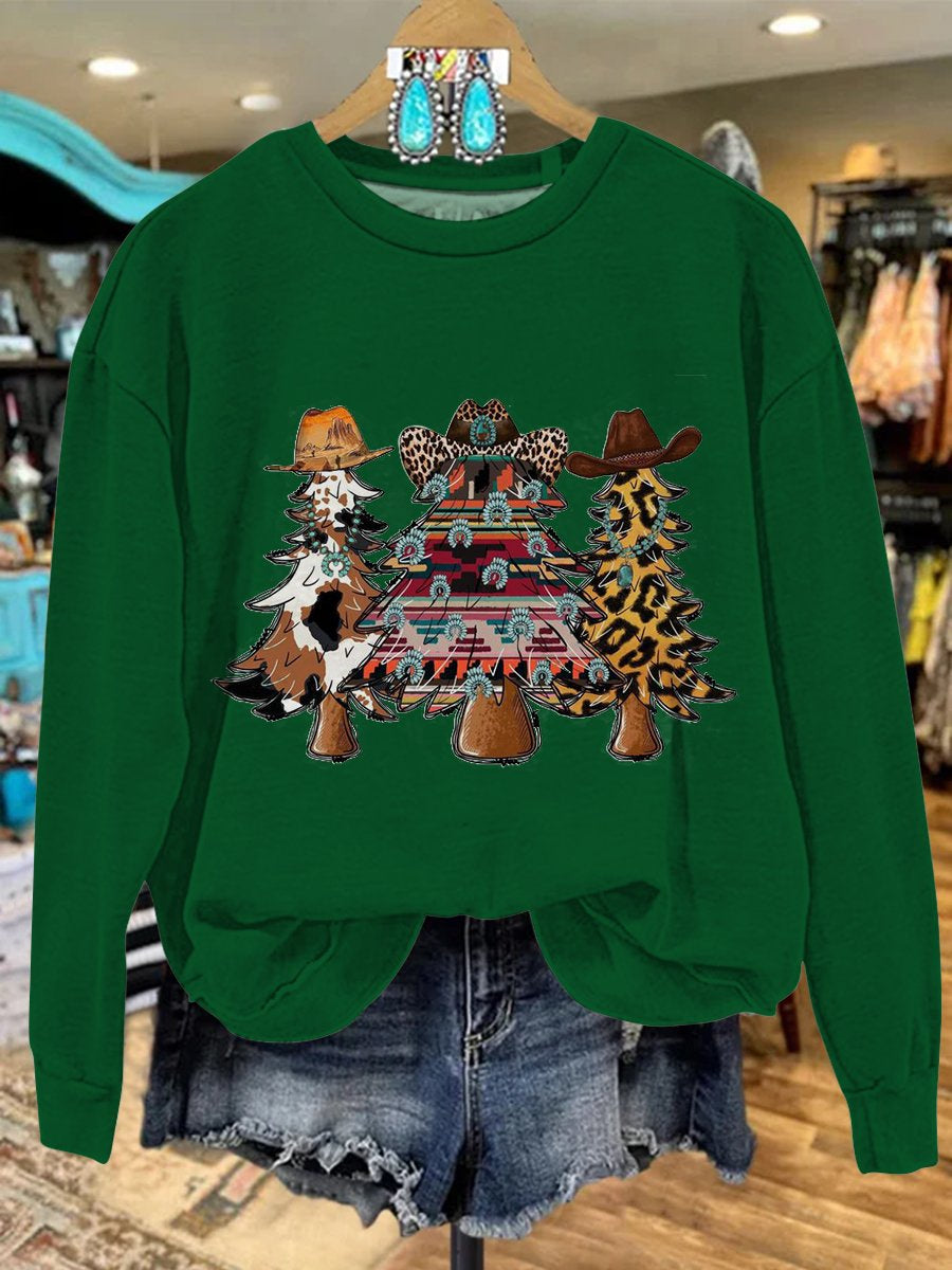 Vintage Western Christmas Tree Print Casual Sweatshirt