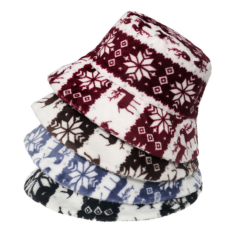 Fashion Christmas Snowflake Print Fluffy Fisherman Hat