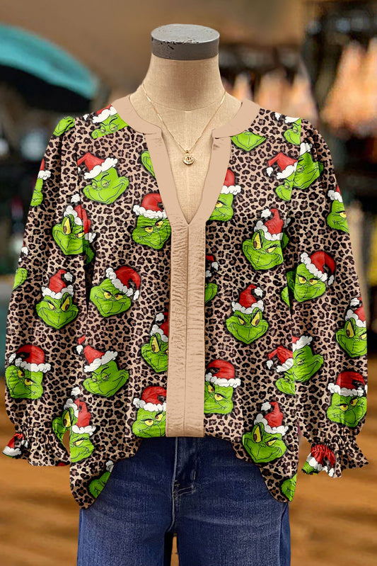 Christmas Grinch Leopard Print Contrast Panel V-neck Blouse