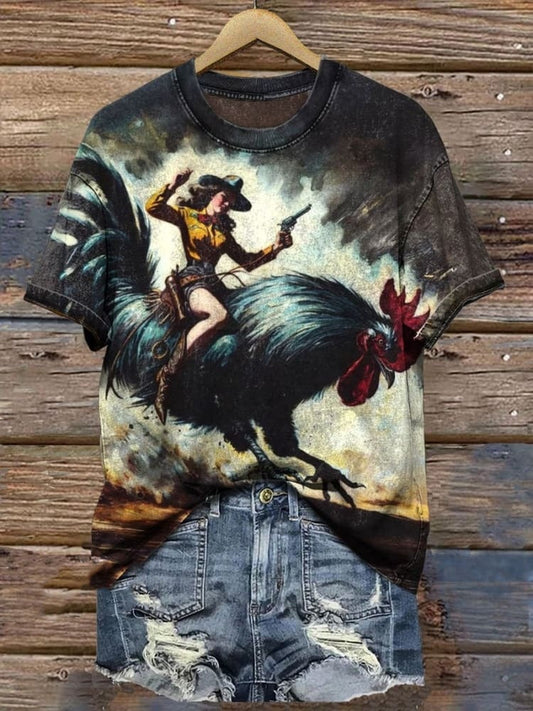 Vintage Wild West Cowgirl Rooster Print T-shirt