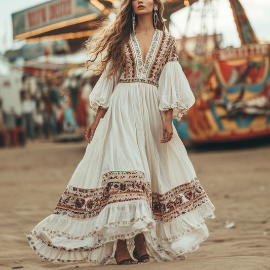 Ladies Vintage Western Cologne Carnival Ethnic Style Print Cotton And Linen Patchwork Lace Boho Dress