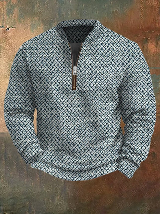 Men's Western Vintage Jacquard Fabric Printed Zip Sweatshirt