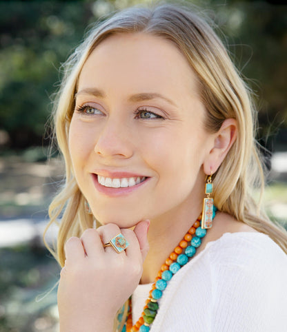 Barse Talavera Tile and Blue Turquoise Golden Dangle Earrings