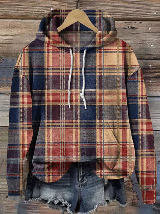 Retro Plaid Art Print Casual Hoodie Sweatshirt