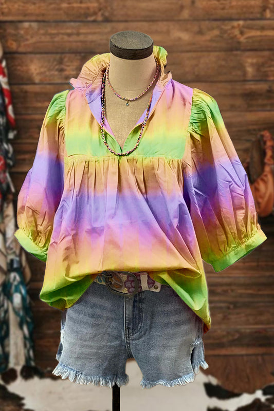 Cute Mardi Gras Tie Dye Puff Sleeve Blouse