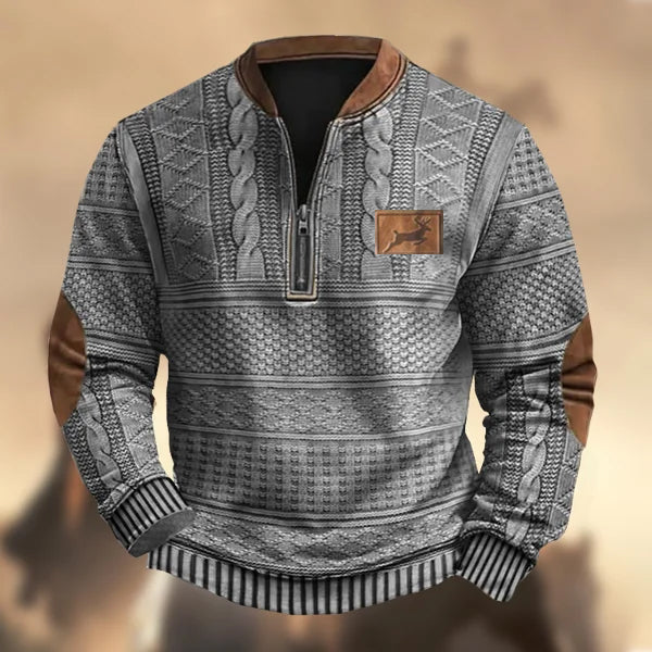 Men's Vintage Western Elk Hunting Knit Print Zipper Stand Collar Casual Sweatshirt