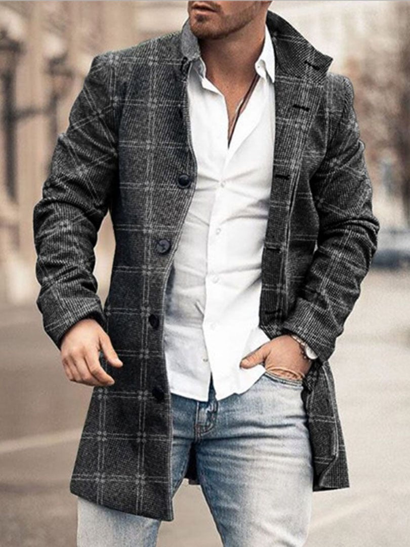 Men's Retro Buttoned Stand Collar Printed Woolen Jacket