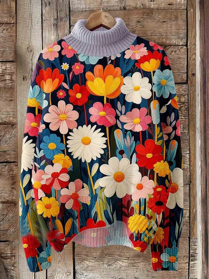 Flower Print Knit Turtleneck Pullover Sweater