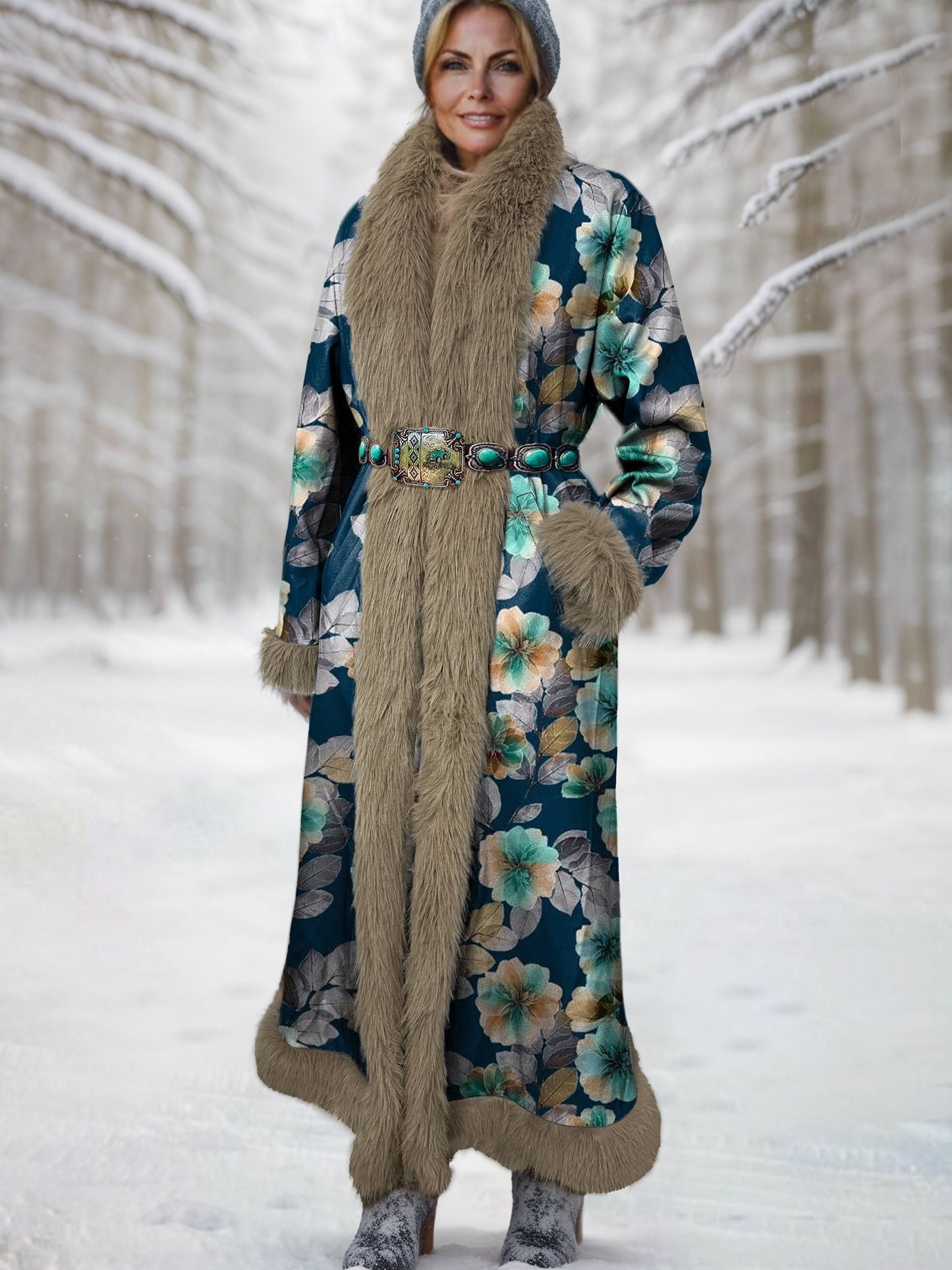 Women's Vintage Flower Printed Fur Patchwork Suede Long Afghan Coat