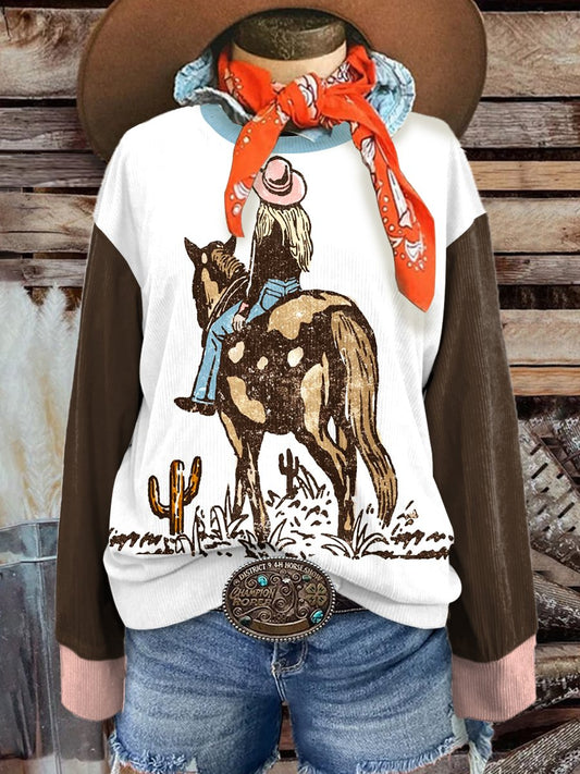 Women's Fashion Wild West Cowgirl Art Print Corduroy Sweatshirt