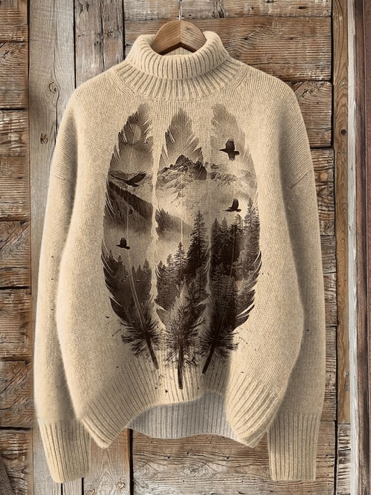 Vintage Print Knit Turtleneck Pullover Sweater