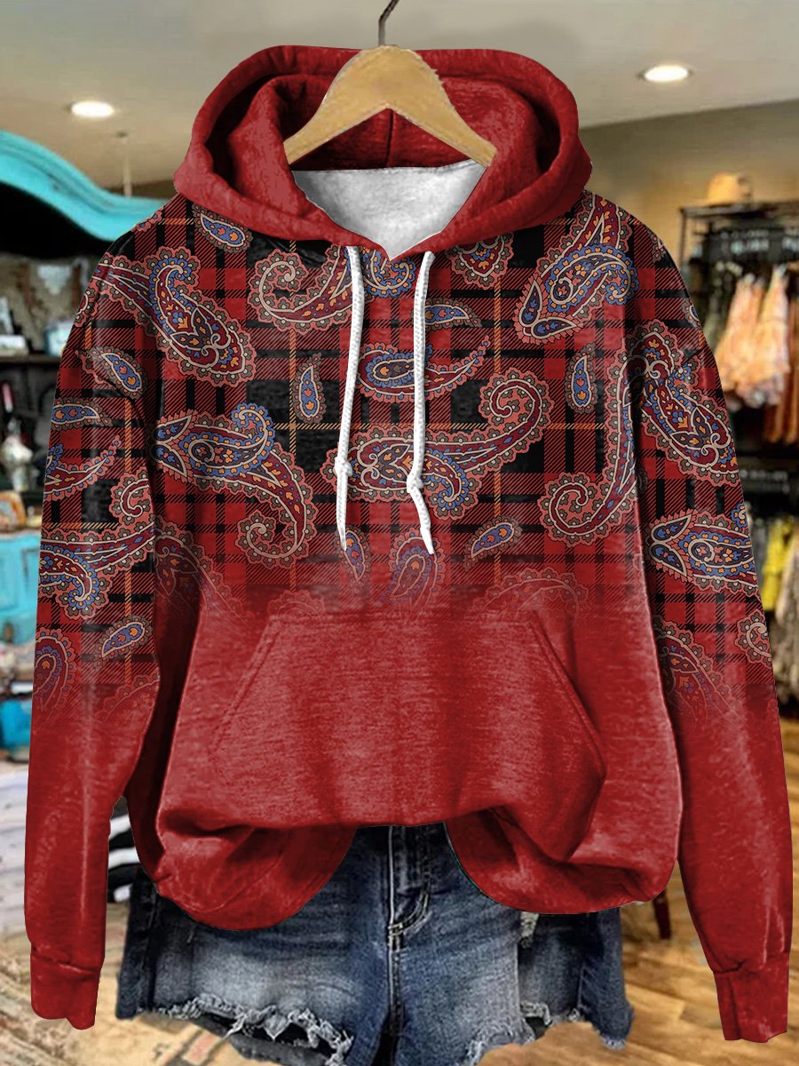 Retro Red Gradient Plaid Paisley Art Print Casual Hoodie Sweatshirt